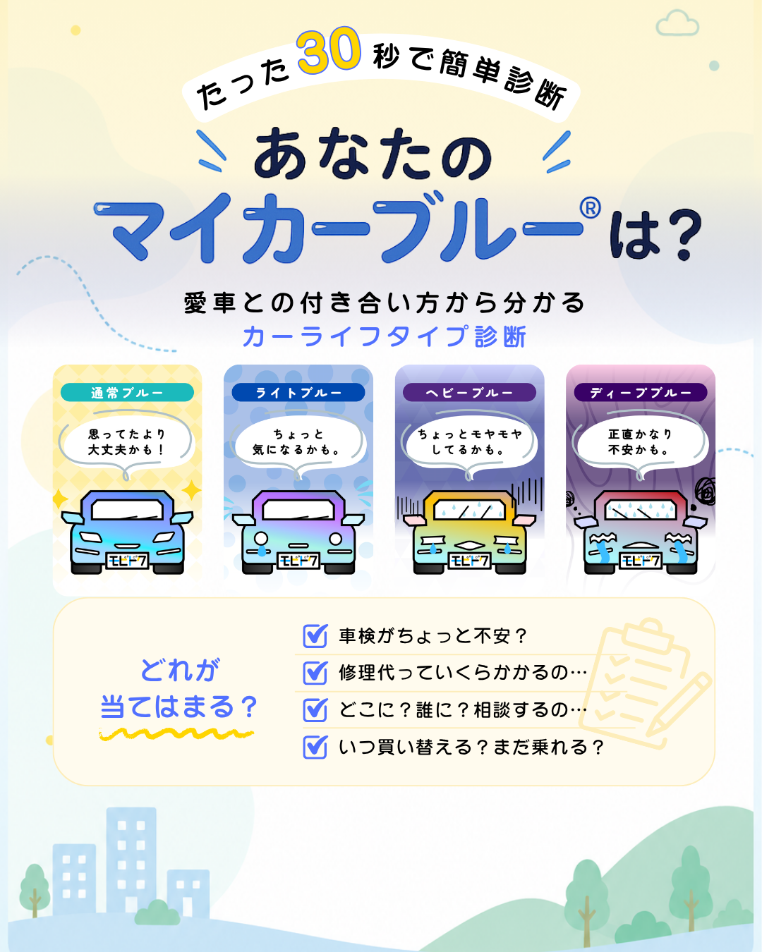 たった30秒で簡単診断。あなたのマイカーブルー®は？愛車との付き合い方から分かるカーライフタイプ診断